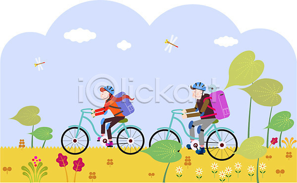 즐거움 함께함 화목 남자 두명 사람 성인 성인만 여자 AI(파일형식) 일러스트 라이프스타일 배낭 야외 여행 자전거 잠자리 주간 캠핑 커플