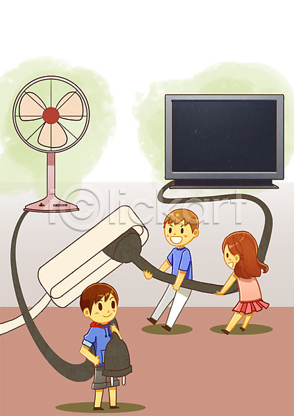 낭비 변화 절약 남자 사람 세명 어린이 어린이만 여자 PSD 일러스트 가전제품 선풍기 에너지 텔레비전 플러그 환경