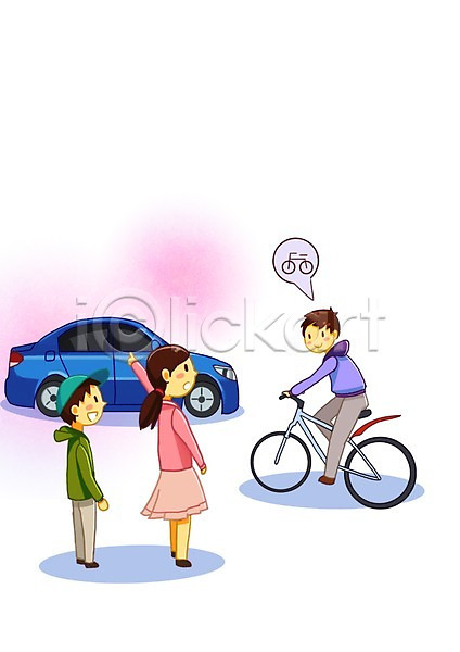 낭비 변화 절약 남자 사람 성인 세명 어린이 여자 PSD 일러스트 교통수단 에너지 자동차 자전거 전신
