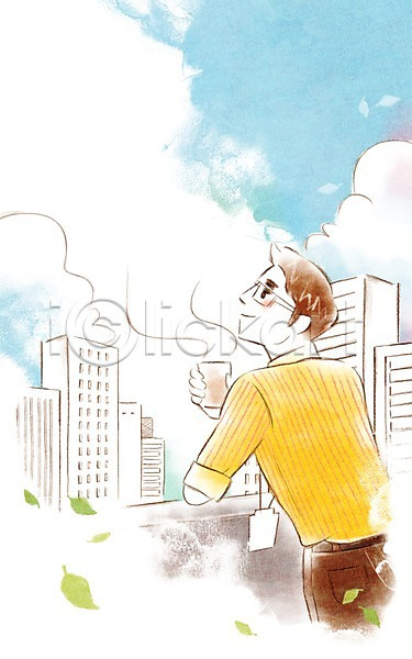 여유 휴식 남자 남자한명만 사람 성인 성인남자만 한명 PSD 일러스트 비즈니스 비즈니스라이프 비즈니스맨 빌딩 야외 옥상 주간 직장인 커피