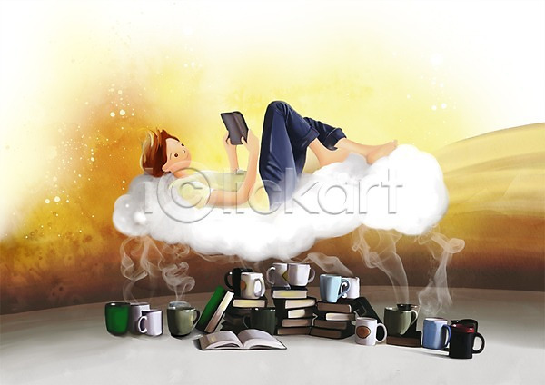 상상 남자 남자한명만 사람 어린이 어린이만 한명 PSD 일러스트 구름(자연) 눕기 독서 머그컵 연기 책 커피 컵 판타지