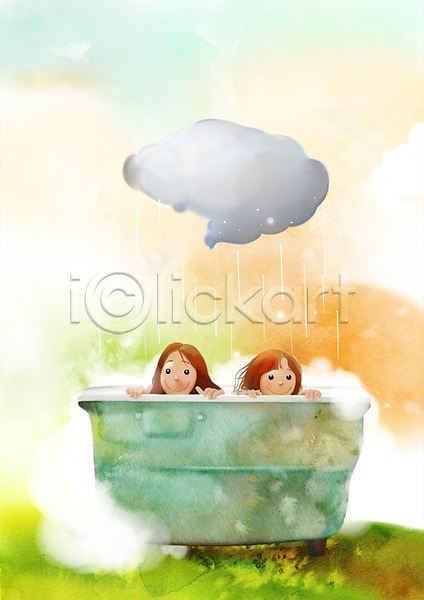 상상 두명 사람 소녀(어린이) 소녀만 어린이 어린이만 여자 여자만 PSD 일러스트 구름(자연) 날씨 목욕 비(날씨) 비구름 야외 욕조 잔디 주간 판타지