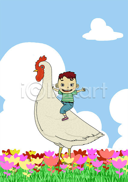 상상 남자 남자한명만 사람 어린이 어린이만 한명 PSD 일러스트 가축 구름(자연) 꽃 닭 야외 주간 튤립 판타지 하늘