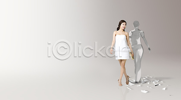 사람 성인 성인여자만 여자 여자만 여자한명만 한국인 한명 3D PSD 편집이미지 깨짐 껍질 드레스 변신 석고상 조각 조각(피스) 컬러 탈피 틀 파편 합성 흰색