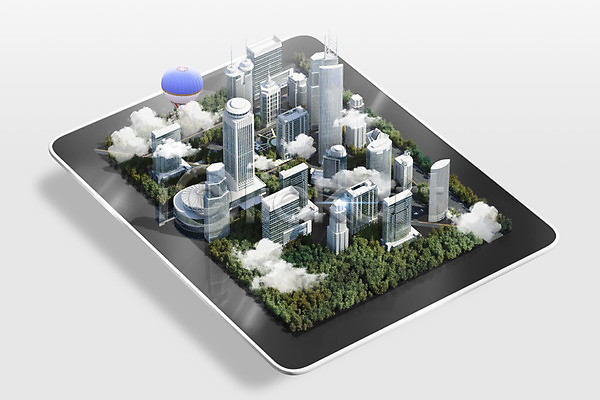 사람없음 3D PSD 편집이미지 고층빌딩 나무 도시 빌딩 열기구 태블릿 풍경(경치)