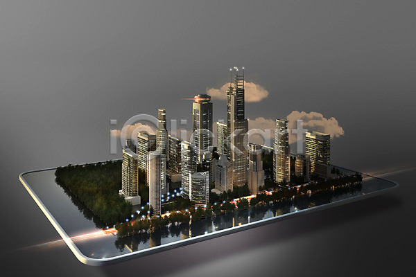 사람없음 3D PSD 편집이미지 고층빌딩 구름(자연) 나무 도시 빌딩 조명 태블릿 풍경(경치)
