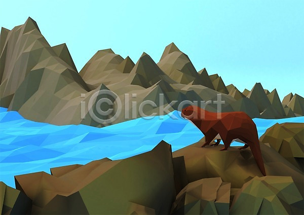 사람없음 3D PSD 편집이미지 3D소스 계곡 그래픽 돌(바위) 동물 바위(돌) 백그라운드 수달 컴퓨터그래픽 포유류 한마리