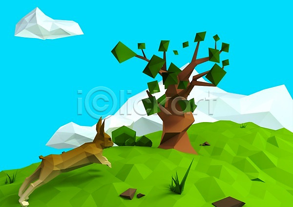 사람없음 3D PSD 편집이미지 3D소스 구름(자연) 그래픽 나무 동물 반려 백그라운드 식물 잔디 컴퓨터그래픽 토끼 하늘 한마리