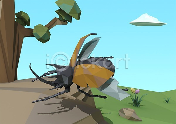 사람없음 3D PSD 편집이미지 3D소스 곤충 구름(자연) 그래픽 나무 백그라운드 식물 잔디 장수풍뎅이 컴퓨터그래픽 하늘