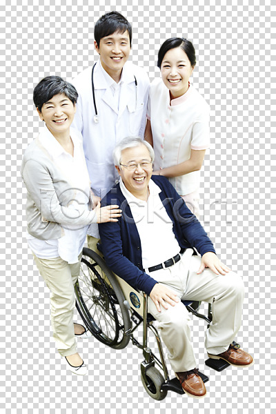 30대 60대 남자 노년 동양인 사람 성인 성인만 여러명 여자 한국인 PNG 편집이미지 하이앵글 가운 간호사 실버라이프 요양 웃음 의사 의사가운 전신 편집 편집소스 휠체어