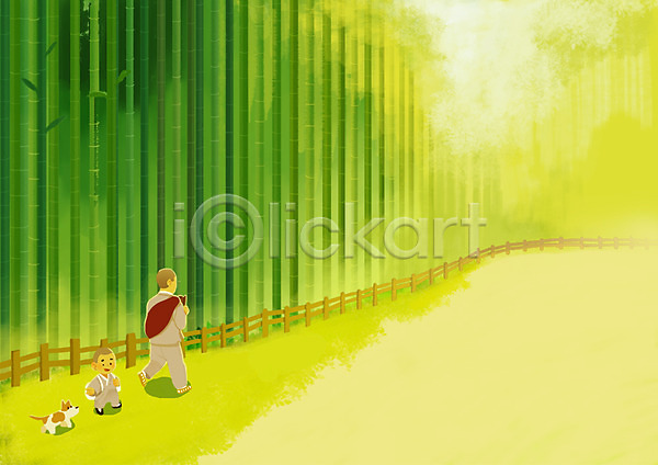 두명 사람 성인 어린이 PSD 일러스트 강아지 계절 대나무 동자승 백그라운드 승려 야외 여름(계절) 울타리 자연 주간 초록색 풍경(경치)