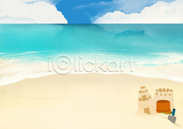 사람없음 PSD 일러스트 계절 구름(자연) 모래 모래사장 바다 백그라운드 야외 여름(계절) 자연 주간 파도 풍경(경치) 하늘