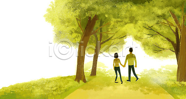 사랑 남자 두명 사람 여자 PSD 일러스트 계절 길 나무 백그라운드 숲 식물 야외 여름(계절) 오솔길 자연 잔디 주간 커플 커플티 풍경(경치)
