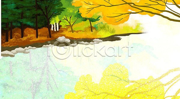 사람없음 PSD 일러스트 가을(계절) 가을배경 강 계절 나무 낙엽 돌(바위) 바위(돌) 백그라운드 식물 야외 자연 주간 풍경(경치)