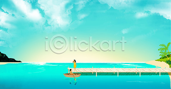 사랑 남자 두명 사람 여자 PSD 일러스트 강 계절 구름(자연) 백그라운드 야외 여름(계절) 자연 주간 카누 커플 풍경(경치) 하늘 하와이 항구