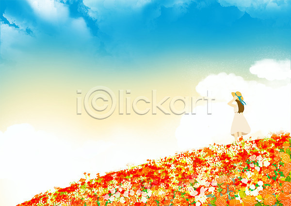 사람 여자 여자만 여자한명만 한명 PSD 일러스트 계절 구름(자연) 꽃 꽃밭 백그라운드 식물 야외 여름(계절) 원피스 자연 주간 초원(자연) 풍경(경치) 하늘