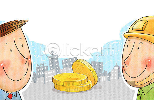 남자 두명 사람 PSD 일러스트 노동자 노사화합 달러 동전 마주보기 비즈니스 비즈니스맨 빌딩 안전모 얼굴 화폐기호 화합