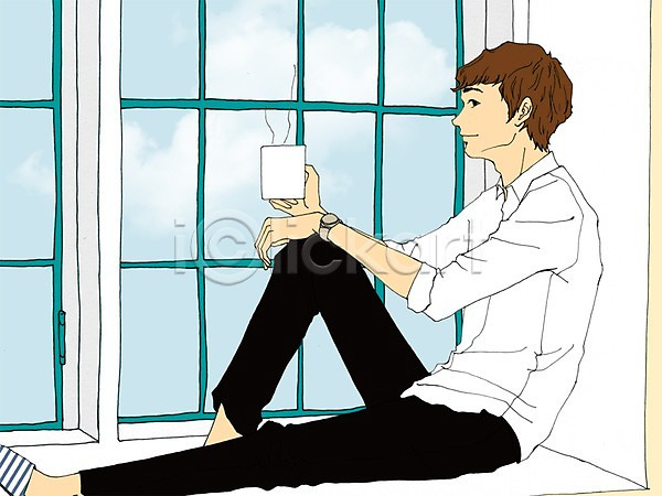 여유 휴식 남자 남자만 사람 성인 성인남자만 성인만 PSD 일러스트 라이프스타일 맨라이프 머그컵 실내 앉기 전신 창가 창문 커피 컵