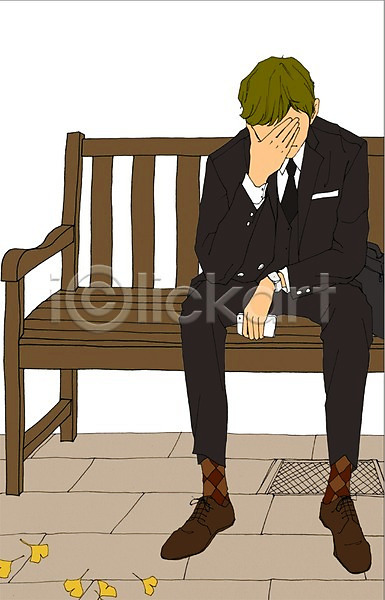 스트레스 좌절 남자 남자만 남자한명만 사람 성인 성인남자만 성인만 한명 PSD 일러스트 가을(계절) 계절 라이프스타일 맨라이프 벤치 앉기 야외 은행잎 전신 주간