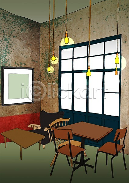 사람없음 PSD 일러스트 공간 실내 안식처 액자 의자 인테리어 조명 창문 카페 탁자