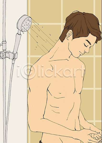 남자 남자만 남자한명만 사람 성인 성인남자만 성인만 한명 PSD 일러스트 라이프스타일 맨라이프 목욕 상반신 샤워기 욕실