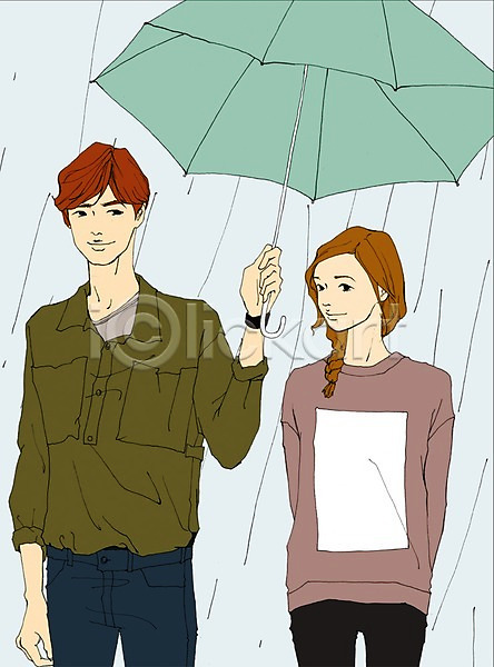 남자 두명 사람 성인 성인만 여자 PSD 일러스트 날씨 데이트 라이프스타일 맨라이프 비(날씨) 야외 우산 주간 커플