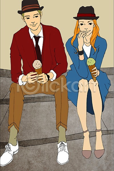 여유 휴식 남자 두명 사람 성인 성인만 여자 PSD 일러스트 계단 데이트 라이프스타일 맨라이프 모자(잡화) 아이스크림 앉기 야외 전신 주간 커플