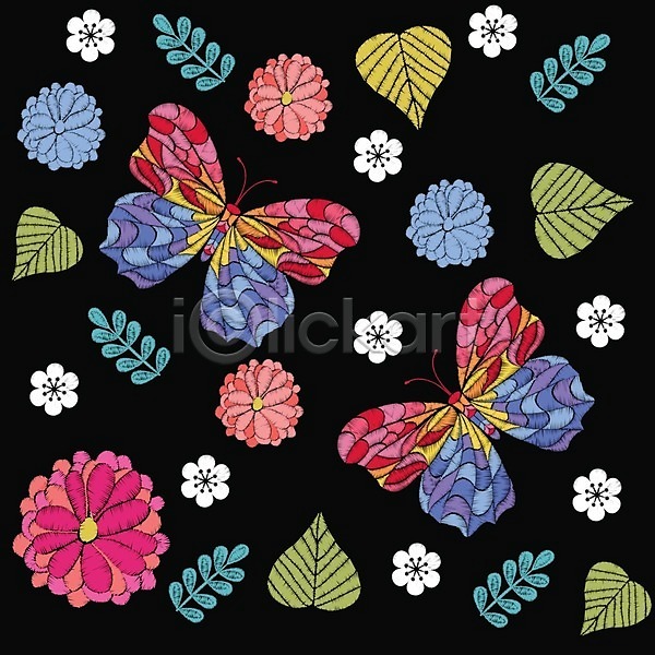 화려 EPS 일러스트 해외이미지 검은색 고립 그래픽 꽃 꽃무늬 나비 디자인 미술 백그라운드 부분 셔츠 식물 여름(계절) 유행 인쇄 잎 자수 자연 장식 전통 직물 질감 컬러풀 패턴 해외202004 허브