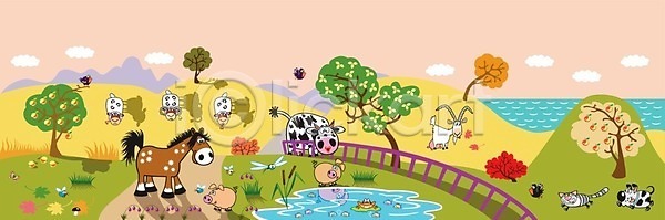 어린이 EPS 일러스트 해외이미지 가축 개구리 나무 농장 동물 돼지 램 마을 만화 물 밭 배너 사과 소 시골 양 양고기 언덕 연못 염소 잠자리 저녁 조류 태양 풍경(경치) 해외202004 해외일러스트