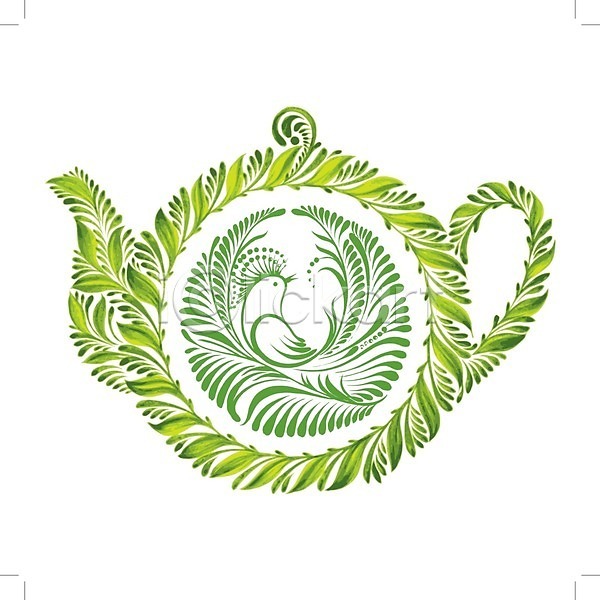 신선 사람없음 EPS 일러스트 해외이미지 디자인 미술 백그라운드 수채화(물감) 식물 잎 조류 찻주전자 초록색 해외202004