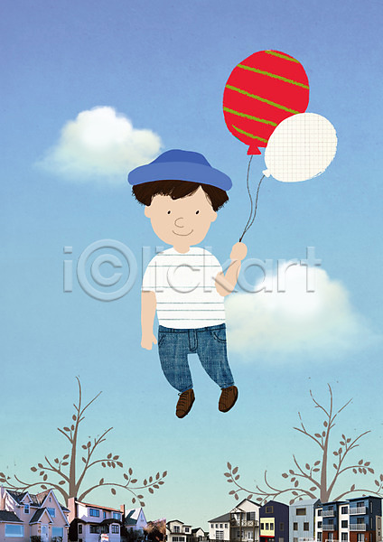 상상 남자 남자만 사람 소년만 어린이 어린이만 PSD 편집이미지 건물 구름(자연) 나무 모자(잡화) 비행 식물 주택 편집 풍선 하늘