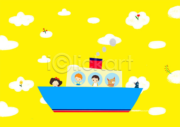 행복 남자 사람 세명 어린이 어린이만 여자 PSD 일러스트 고양이 구름(자연) 반려동물 배(교통) 세계 항해