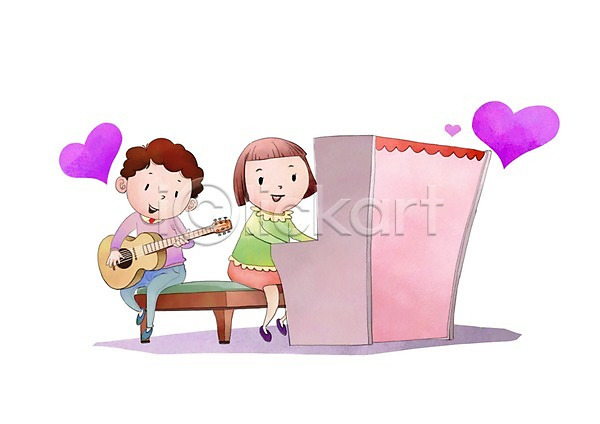 남자 두명 사람 어린이 어린이만 여자 PSD 일러스트 건반 기타 악기 연주 의자 피아노(악기) 하모니 하트