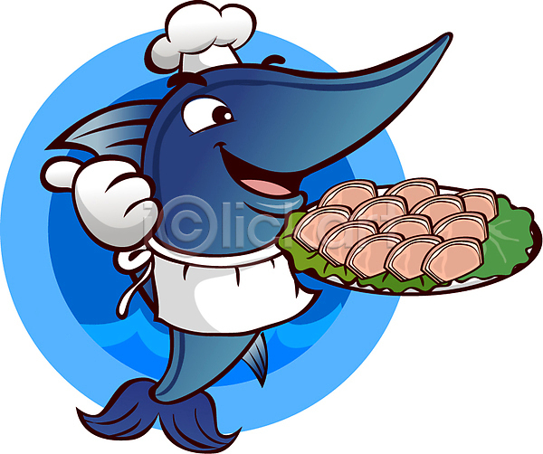사람없음 AI(파일형식) 일러스트 들기 생선회 앞치마 요리사모자 음식점캐릭터 접시 참치 최고 파란색 해산물 홍보캐릭터 회 횟집