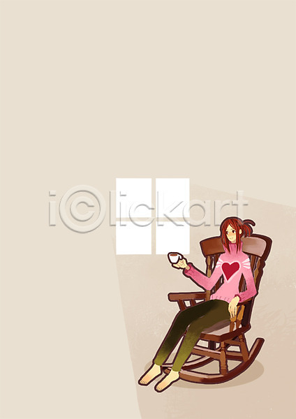 여유 휴식 사람 성인 성인만 성인여자만 여자 여자만 여자한명만 한명 PSD 일러스트 라이프스타일 백그라운드 실내 안락의자 앉기 음료 의자 전신 창문 커피