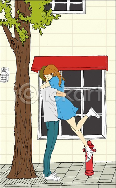 남자 두명 사람 성인 성인만 여자 PSD 일러스트 가로수 거리 건물 나무 라이프스타일 만화 식물 아트툰 야외 주간 커플 포옹