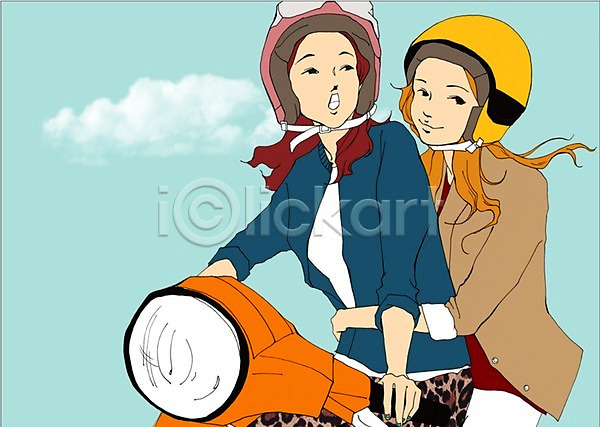 두명 사람 성인 성인만 성인여자만 여자 여자만 PSD 일러스트 라이프스타일 만화 아트툰 야외 오토바이 운전 주간 헬멧