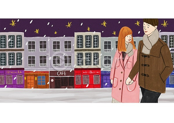 사랑 행복 남자 사람 여자 PSD 일러스트 거리 건물 걷기 겨울 계절 눈(날씨) 데이트 밤거리 별 상점 손잡기 야간 야외 커플