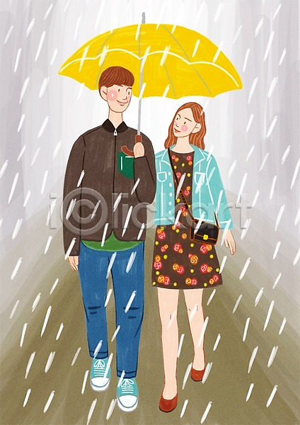 사랑 행복 남자 두명 사람 성인 성인만 여자 PSD 일러스트 거리 걷기 날씨 데이트 비(날씨) 야외 우산 주간 커플