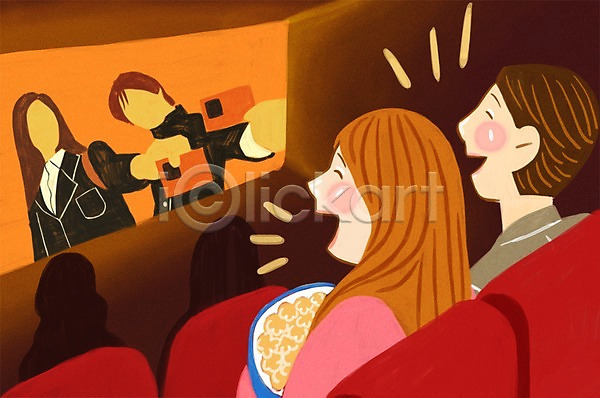 사랑 즐거움 행복 남자 두명 사람 여자 PSD 일러스트 데이트 스크린 실내 영화 영화관 의자 커플 팝콘