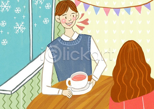 사랑 수줍음 행복 남자 두명 사람 성인 성인만 여자 PSD 일러스트 데이트 소개팅 실내 음료 창문 카페 커피 커피잔 탁자