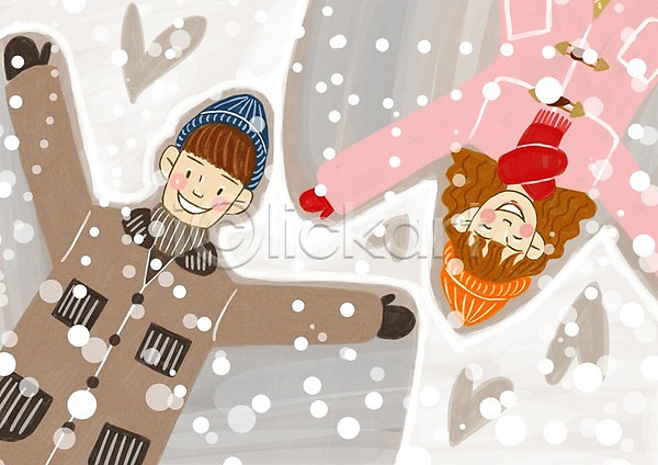 사랑 행복 남자 두명 사람 여자 PSD 일러스트 겨울 계절 눈(날씨) 눕기 데이트 모자(잡화) 목도리 야외 장갑 주간 커플