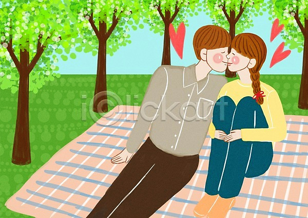 사랑 행복 남자 두명 사람 성인 성인만 여자 PSD 일러스트 계절 공원 나무 데이트 돗자리 봄 식물 야외 주간 커플 키스 하트