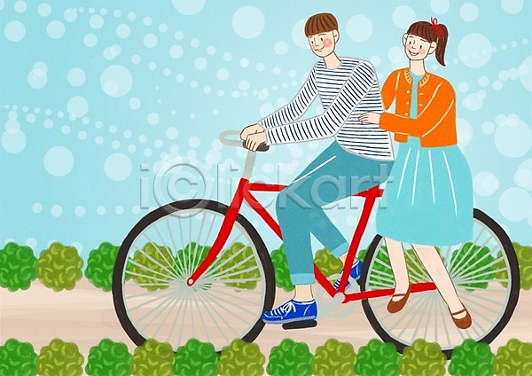 사랑 행복 남자 두명 사람 성인 성인만 여자 PSD 일러스트 데이트 야외 자전거 주간 커플