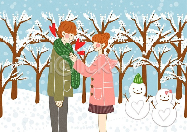 사랑 행복 남자 두명 사람 성인 성인만 여자 PSD 일러스트 겨울 계절 나무 눈(날씨) 눈사람 데이트 목도리 선물 식물 커플