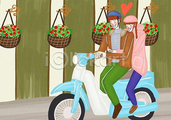 사랑 행복 남자 두명 사람 성인 성인만 여자 PSD 일러스트 거리 건물 꽃 데이트 식물 야외 오토바이 운전 주간 커플 헬멧 화분