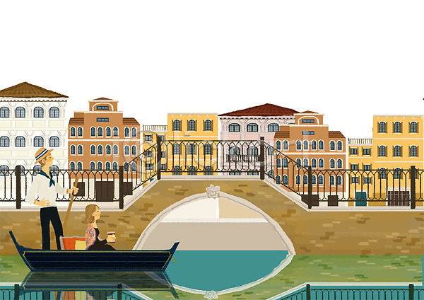 자유 활발 남자 두명 사람 여자 PSD 일러스트 강 건물 곤돌라 교통수단 나룻배 다리(건축물) 마을 베네치아 세계여행 야외 여행 이탈리아 주간