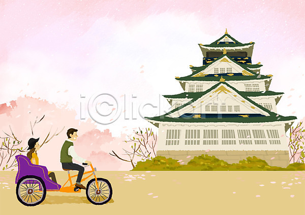 자유 활발 남자 두명 사람 여자 PSD 일러스트 교통수단 성 세계여행 야외 여행 오사카 인력거 일본 주간