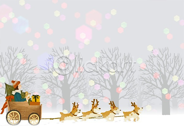 자유 활발 사람 여자 여자만 여자한명만 한명 PSD 일러스트 겨울 교통수단 나무 눈(날씨) 동물 수레 식물 썰매개 야외 주간 크리스마스