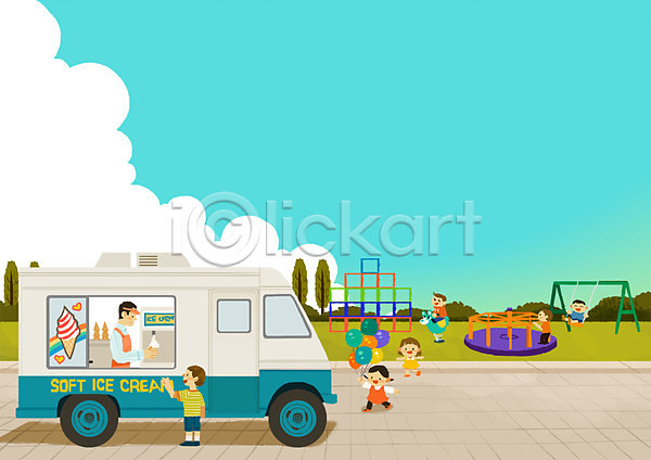 자유 활발 남자 사람 어린이 어린이만 여러명 여자 PSD 일러스트 교통수단 구름(자연) 놀이기구 놀이터 식물 아이스크림 야외 잔디 주간 트럭 하늘